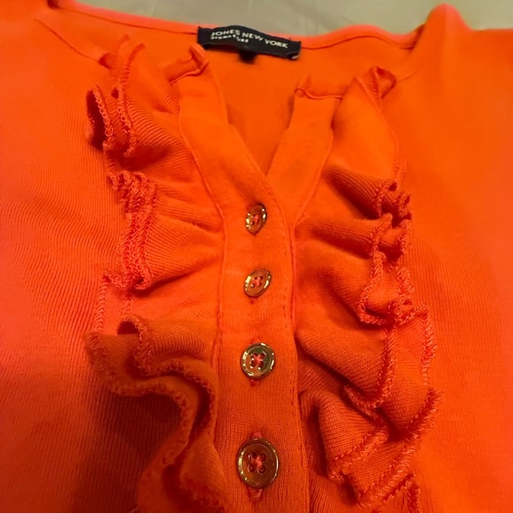 Jones New York Orange and Gold Button Ruffle Neck 3/4 Sleeve Top Size Large - Picture 4 of 8